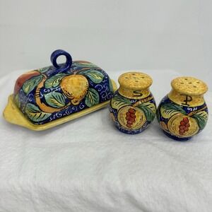 Orvieto Italy Italian Pottery Butter Dish Salt & Pepper Set Lemons Grapes Signed